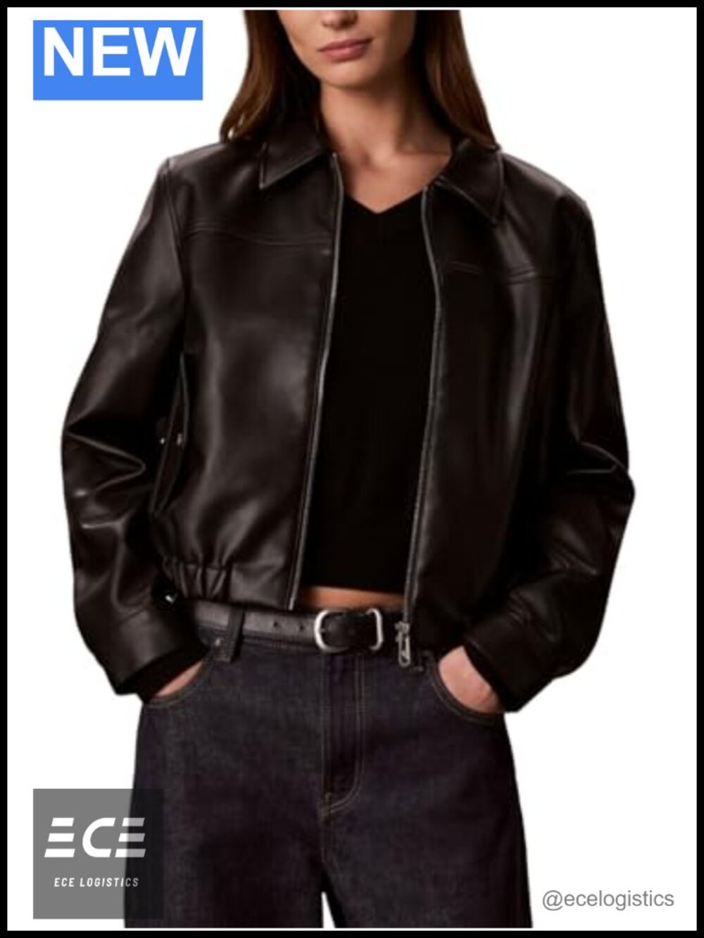 Faux Leather Bomber Jacket Full Zip Flap Pockets Long Sleeve Classic Fit